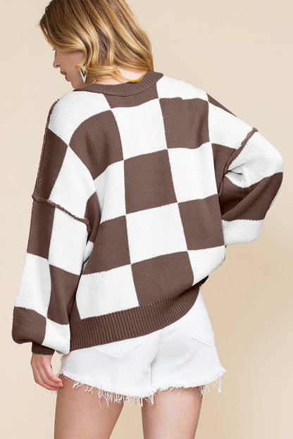 Khaki Checkered Bishop Sleeve Sweater