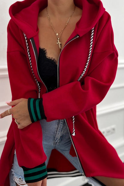 Four Leaf Clover Contrast Cuffed Drop Shoulder Zip up Tunic Hoodie