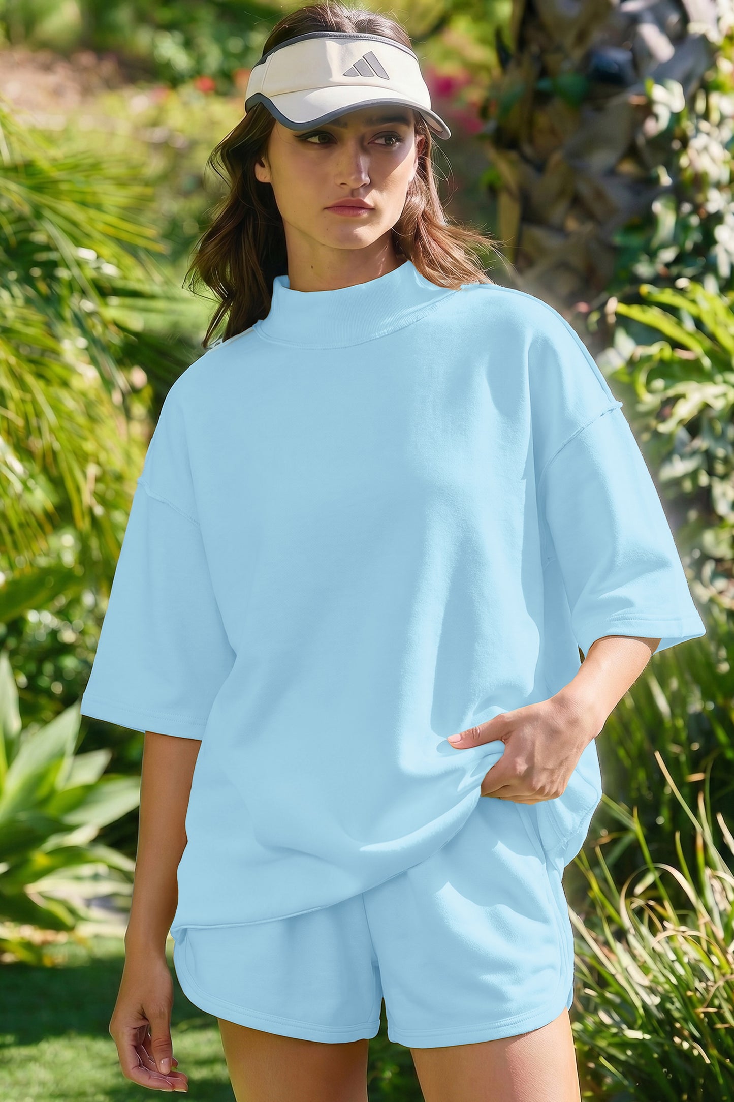 Solid Color Exposed Seam Mock Neck Oversize Tee Casual Shorts 2pcs Outfit