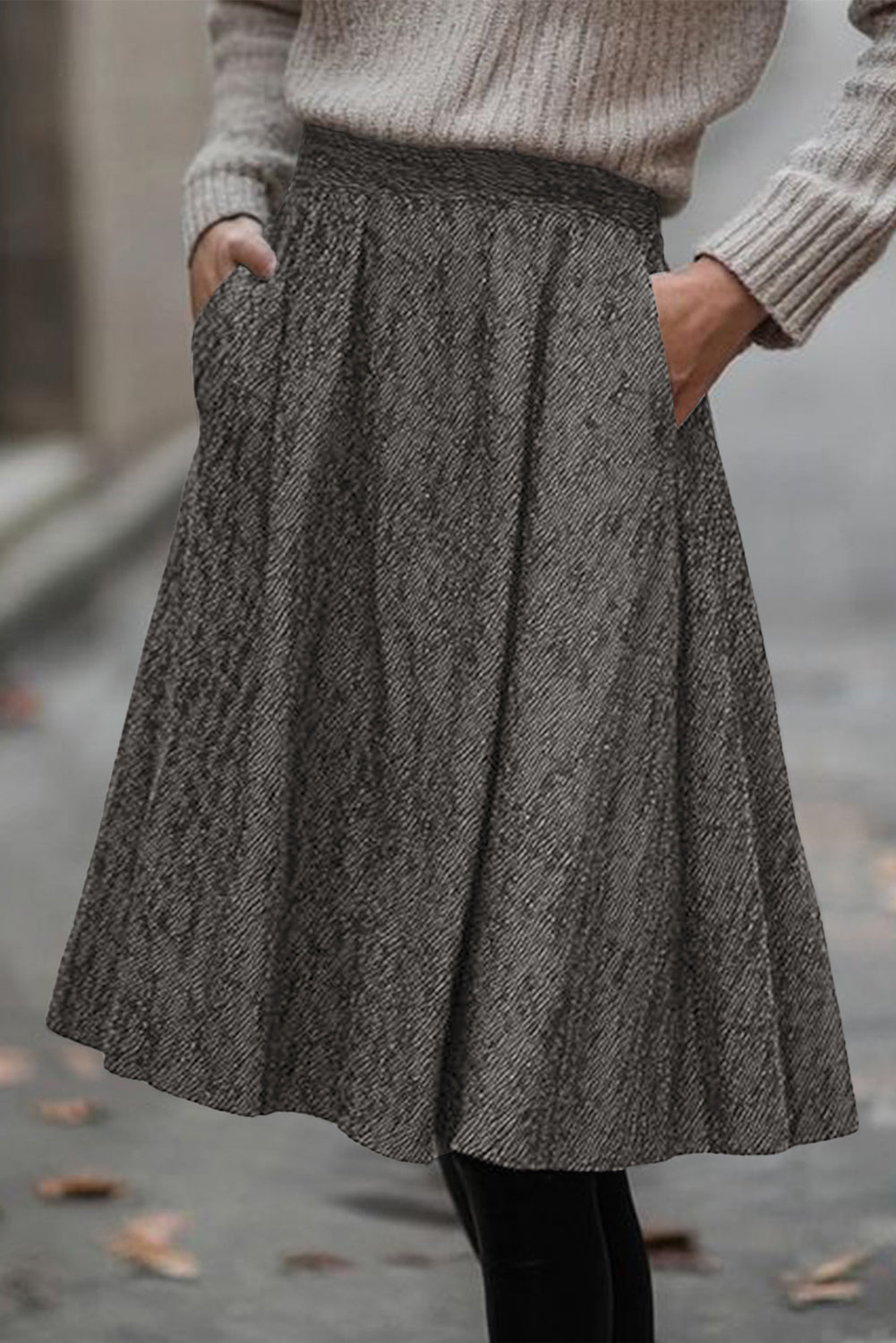 Solid Color Textured Pleated Midi Skirt