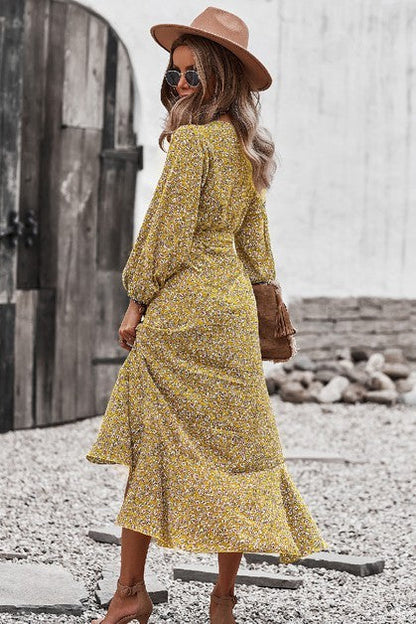 Ditsy Floral Vneck Ruffled Hem Wrap Midi Dress
