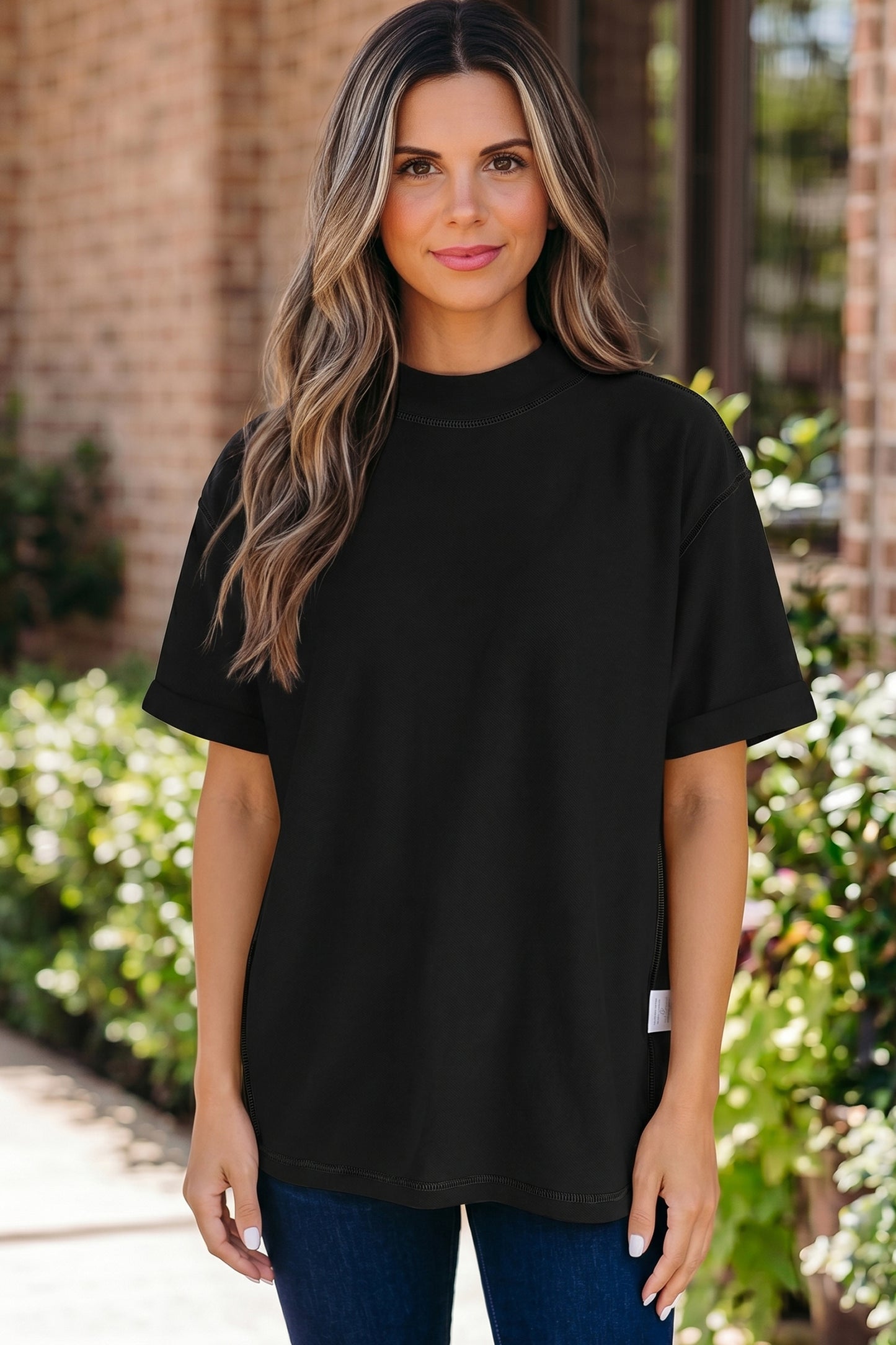 Pink Solid Color High Neck Oversize Tee