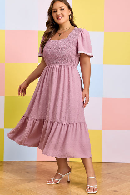 Pink Plus Size Swiss Dot Short Sleeve Smocked High Waist Flowy Midi Dress