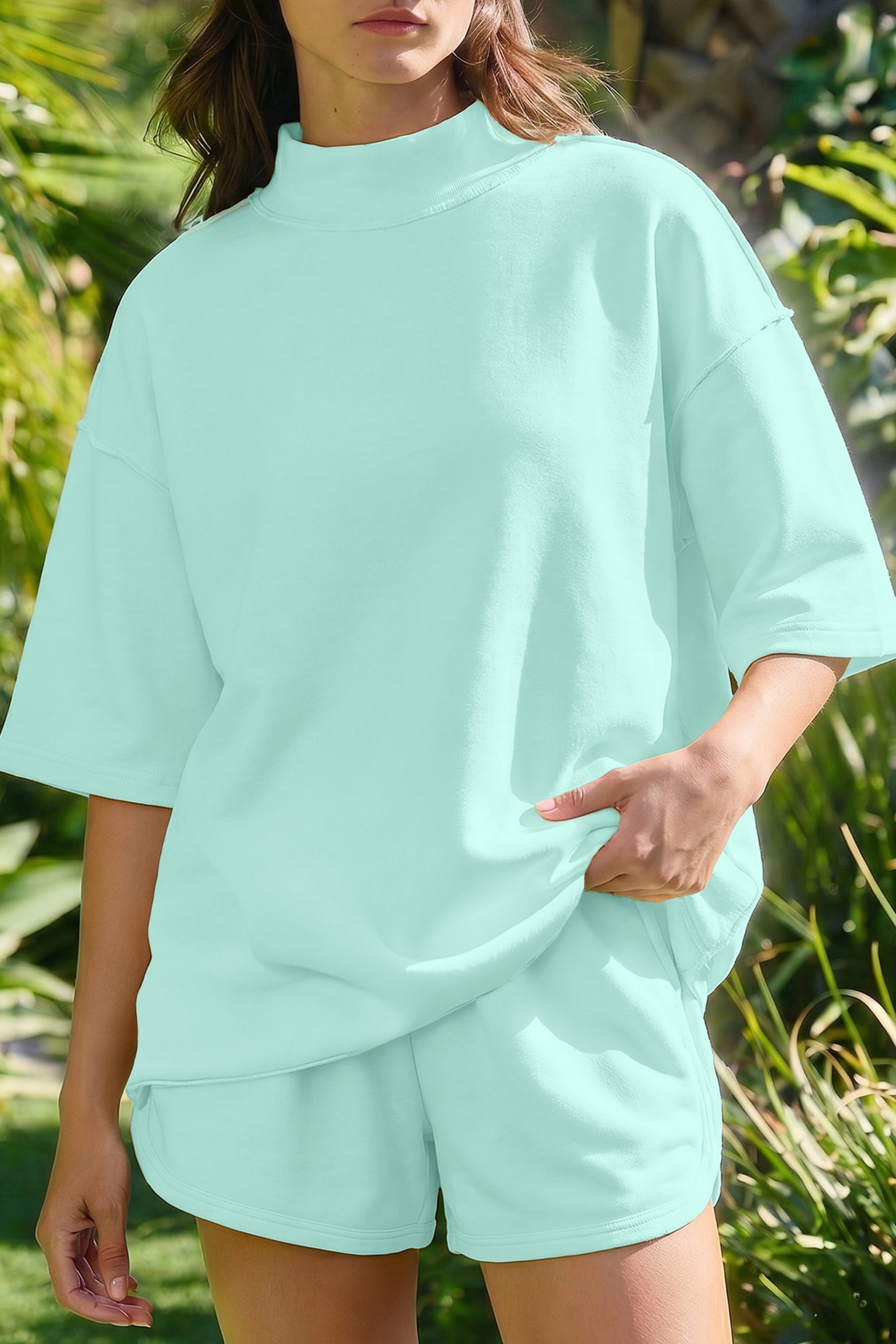 Solid Color Exposed Seam Mock Neck Oversize Tee Casual Shorts 2pcs Outfit