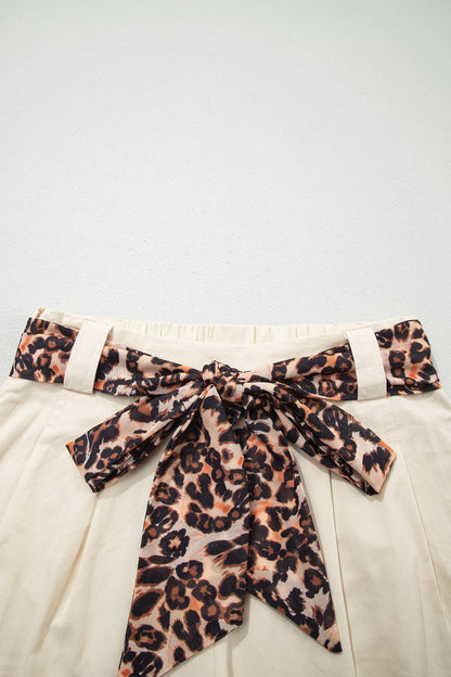 Leopard Contrast Sash Belt Pleated Wide Leg Shorts