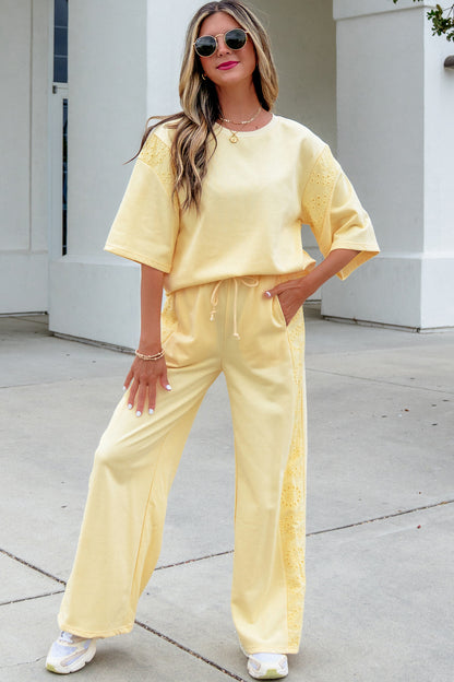 Lace Patchwork Half Sleeve Top Elastic Waist Pants Two Piece Set