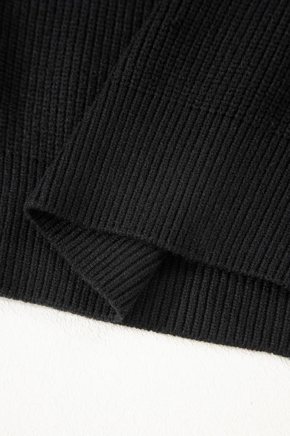 Black Ribbed Knit Ribbon Knot Backless Drop Shoulder Sweater