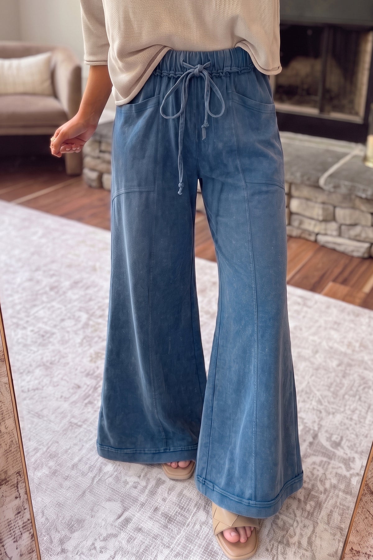 Mineral Wash Seam Detail Flare Leg Drawstring Pants