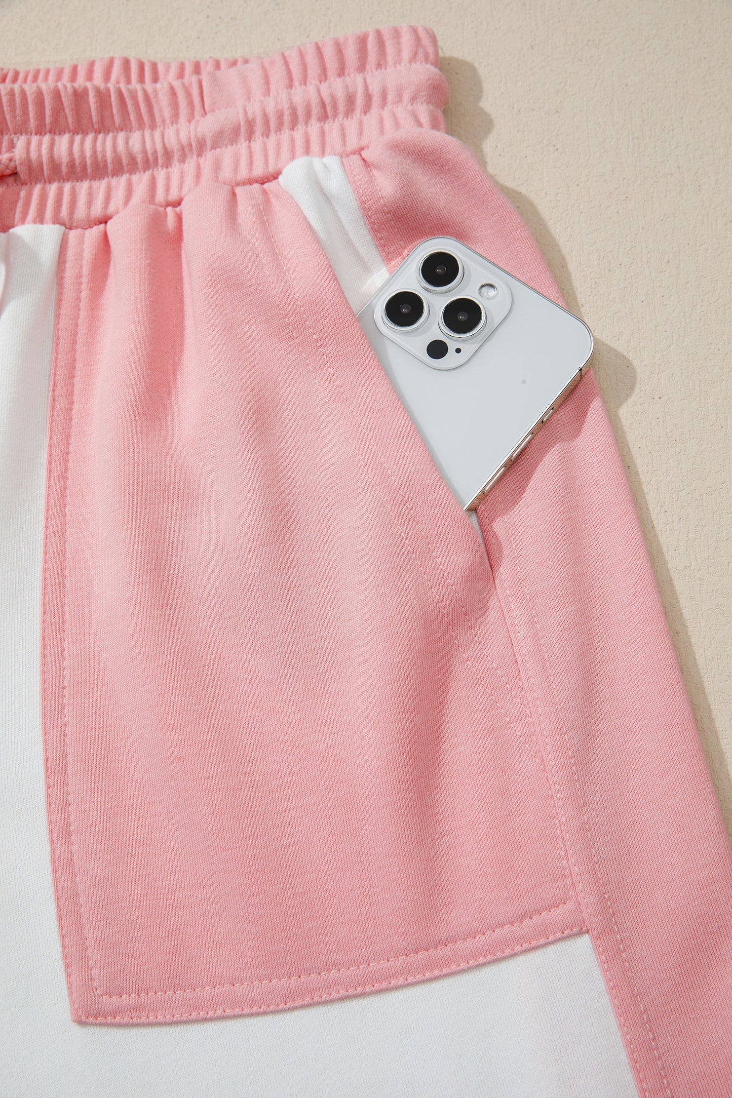 White Two-tone Color Block Patchwork Tee Drawstring Loose Pant Set