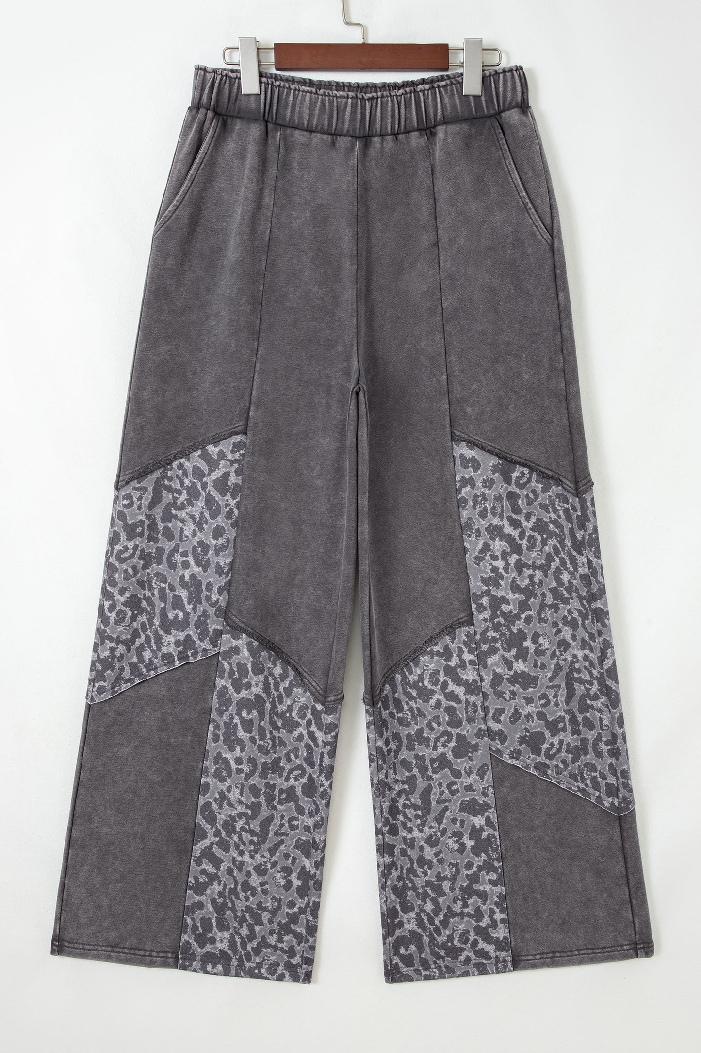 Dark Grey Mineral Wash Leopard Patchwork Loose Pants