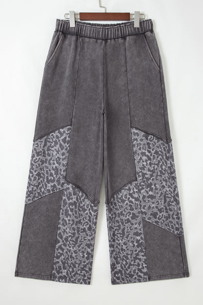 Dark Grey Mineral Wash Leopard Patchwork Loose Pants