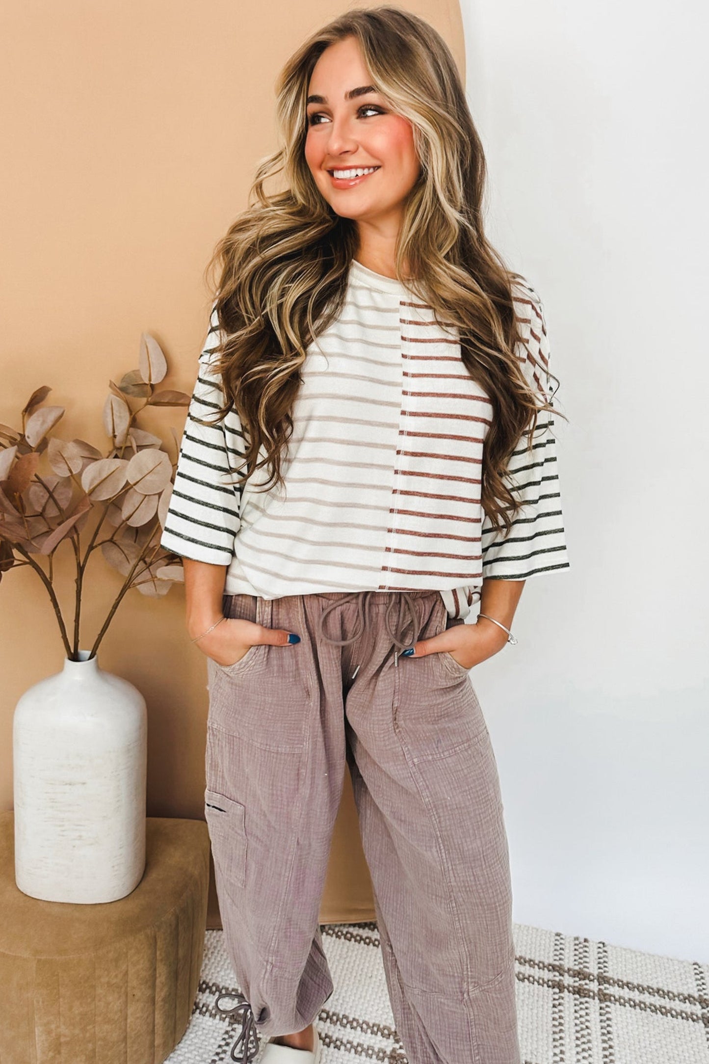 Khaki Stripe Colorblock 3/4 Sleeve Loose T Shirt
