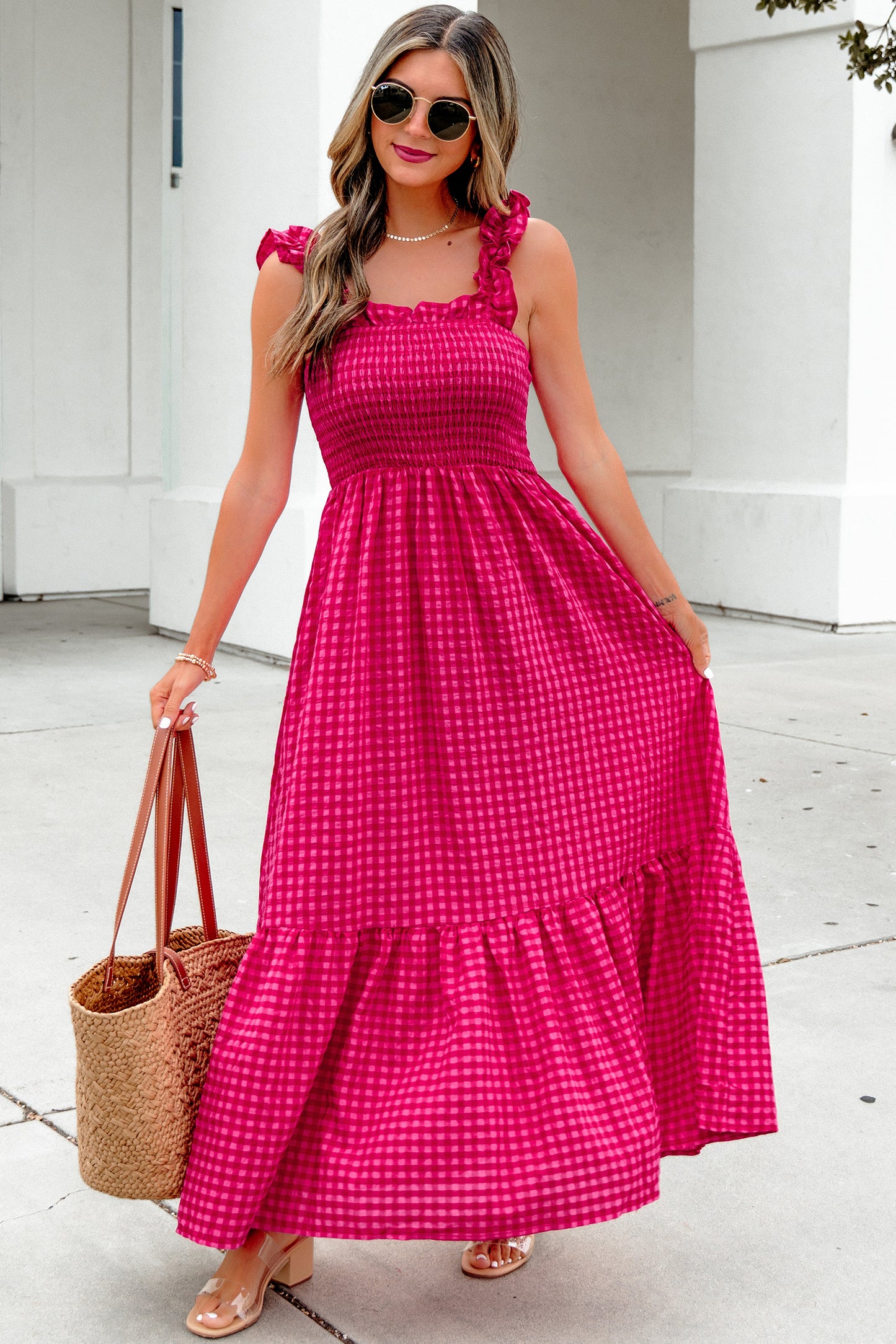Plaid Square Neck Fit-and-flared Vacation Sundress