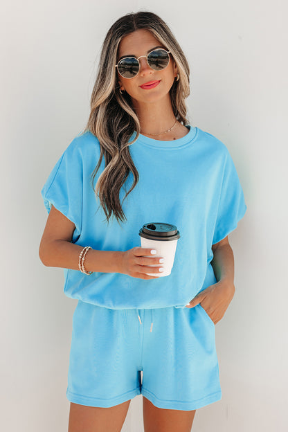 Solid Color Puffy Loose Top Drawstring Shorts 2pcs Outfit