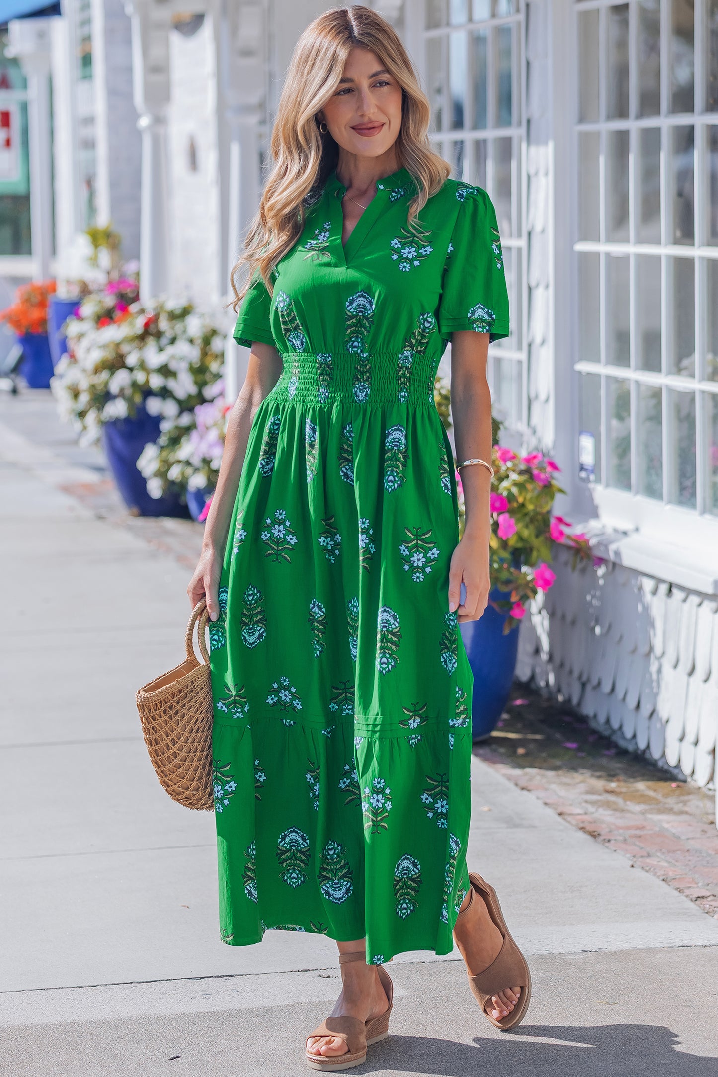 Floral Print Split Neck Shirred High Waist Ruffle Hem Maxi Dress