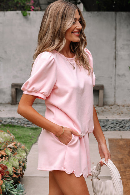Puff Sleeve Pearl Embellished Scallop Trim Top 2 Piece Skort Set