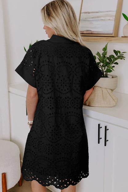 Solid Color Eyelet Embroidered T Shirt Mini Dress