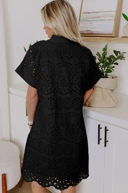 Solid Color Eyelet Embroidered T Shirt Mini Dress