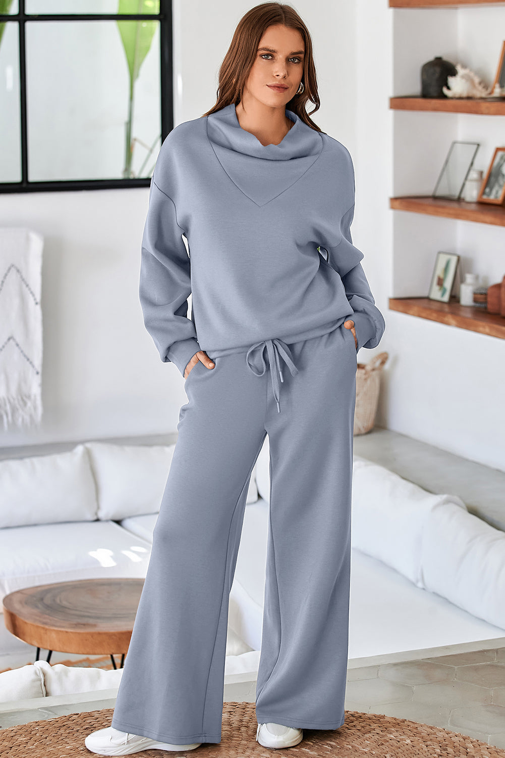 Solid Color Cowl Neck Drawstring Pullover Wide Leg Athleisure Pants Set