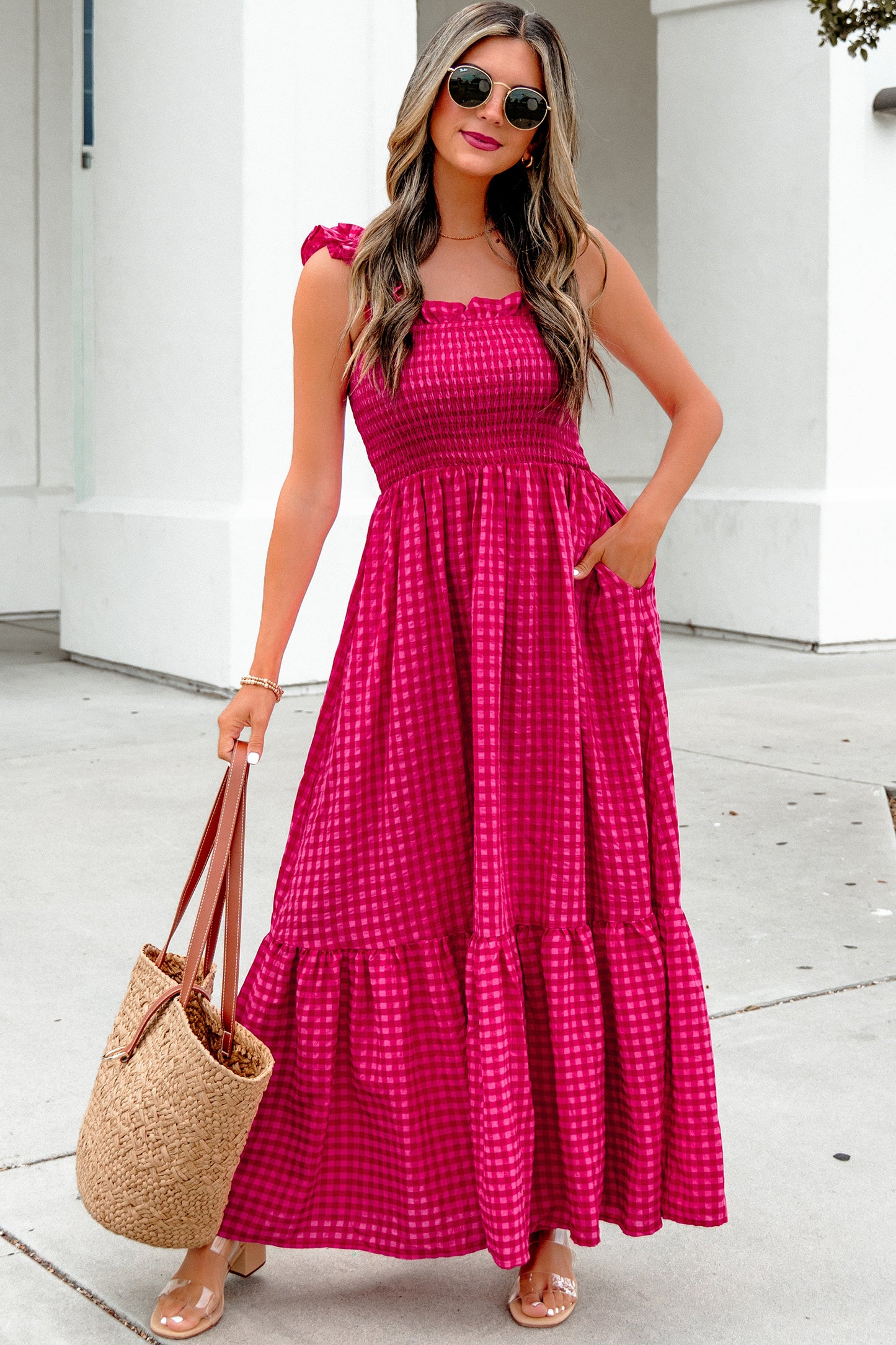 Plaid Square Neck Fit-and-flared Vacation Sundress