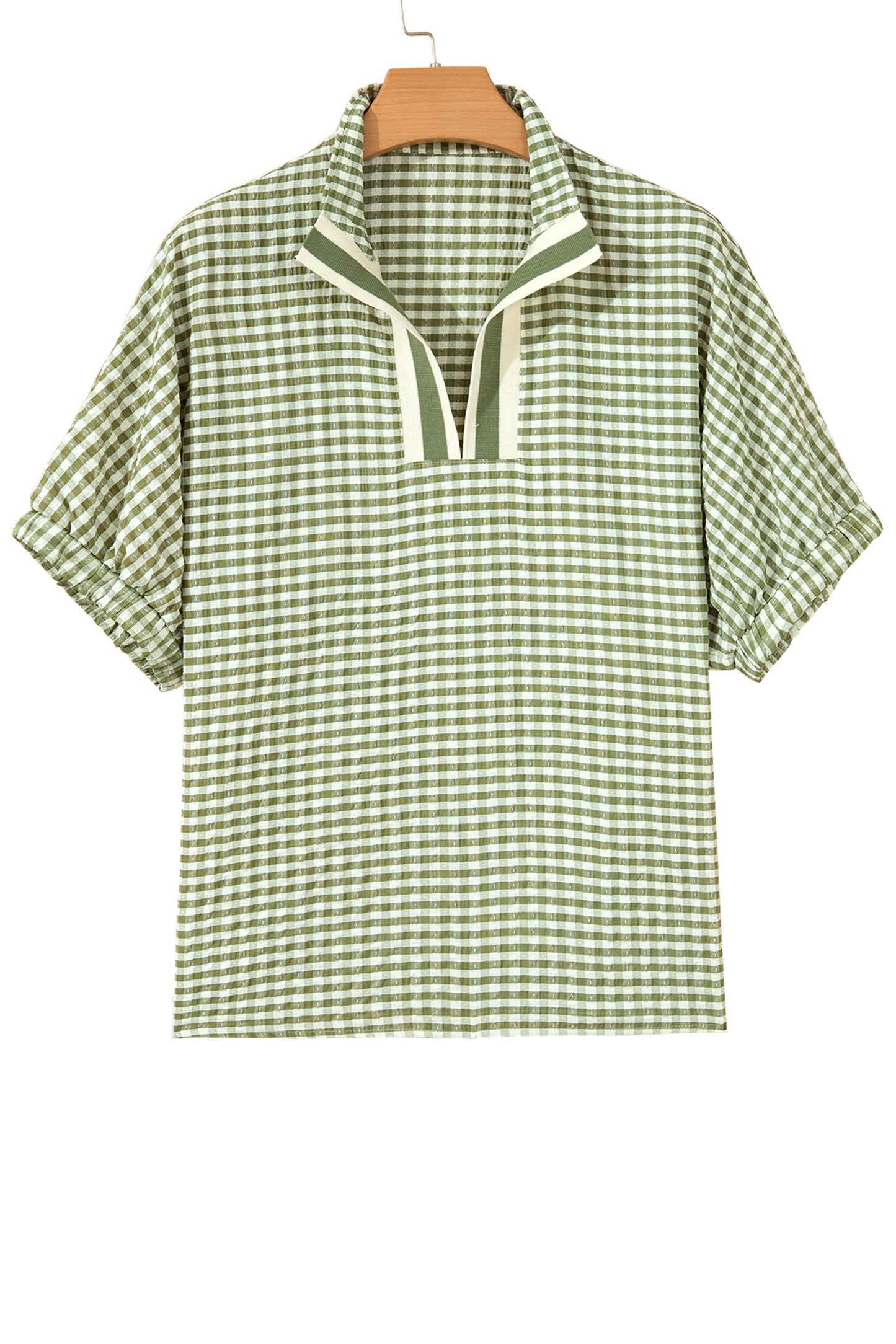 Plaid Short Sleeve Colorblock Trim Split Neck Blouse