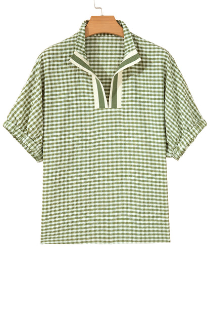 Plaid Short Sleeve Colorblock Trim Split Neck Blouse
