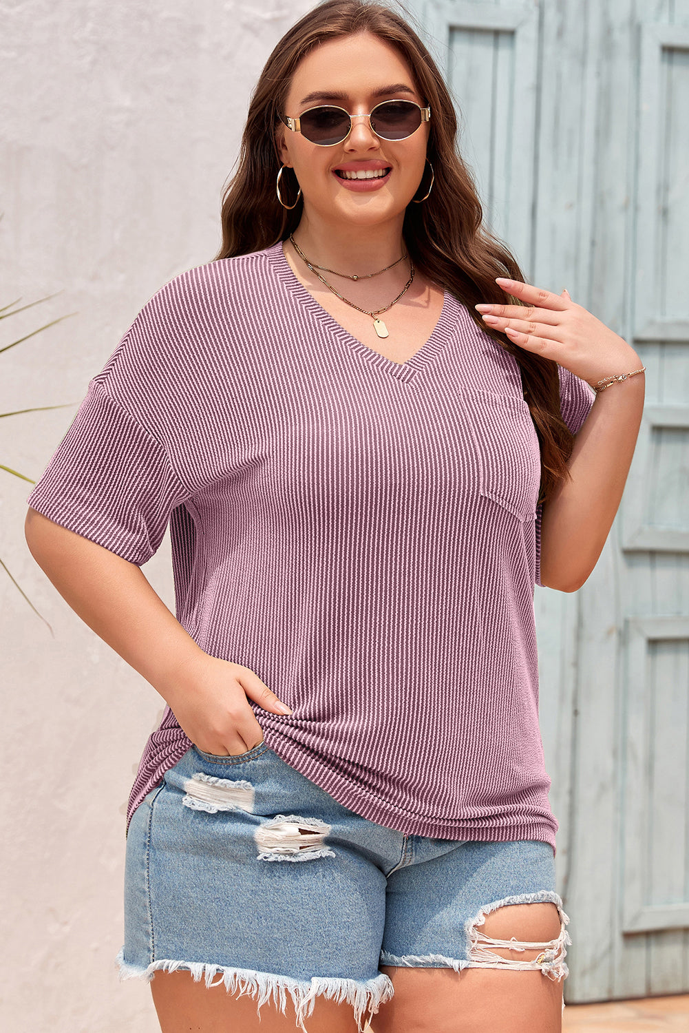 Textured V-Neck Dropped Shoulder Plus T-Shirt