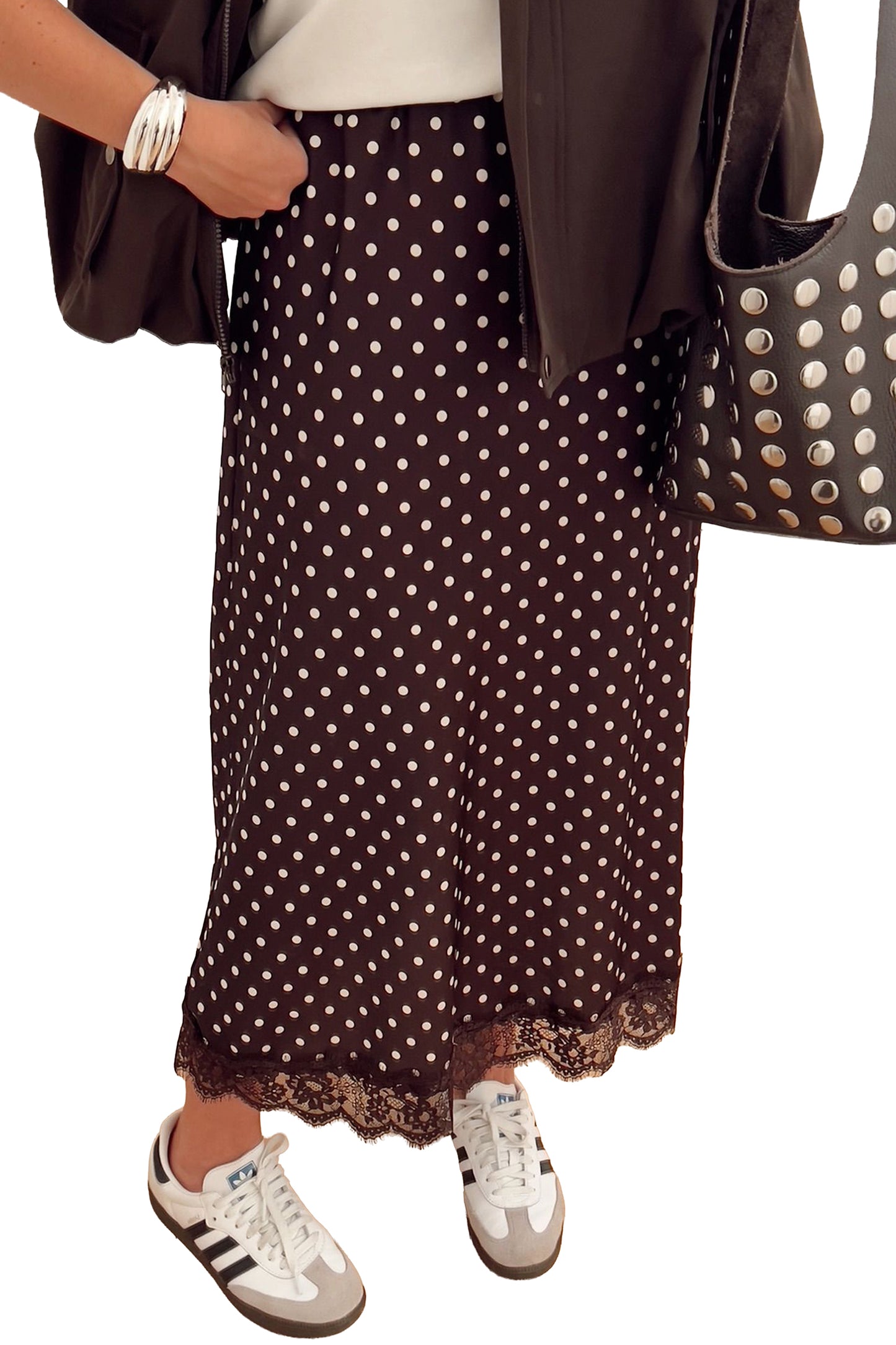 Polka Dot Lace Hem Elegant Long Shift Skirt