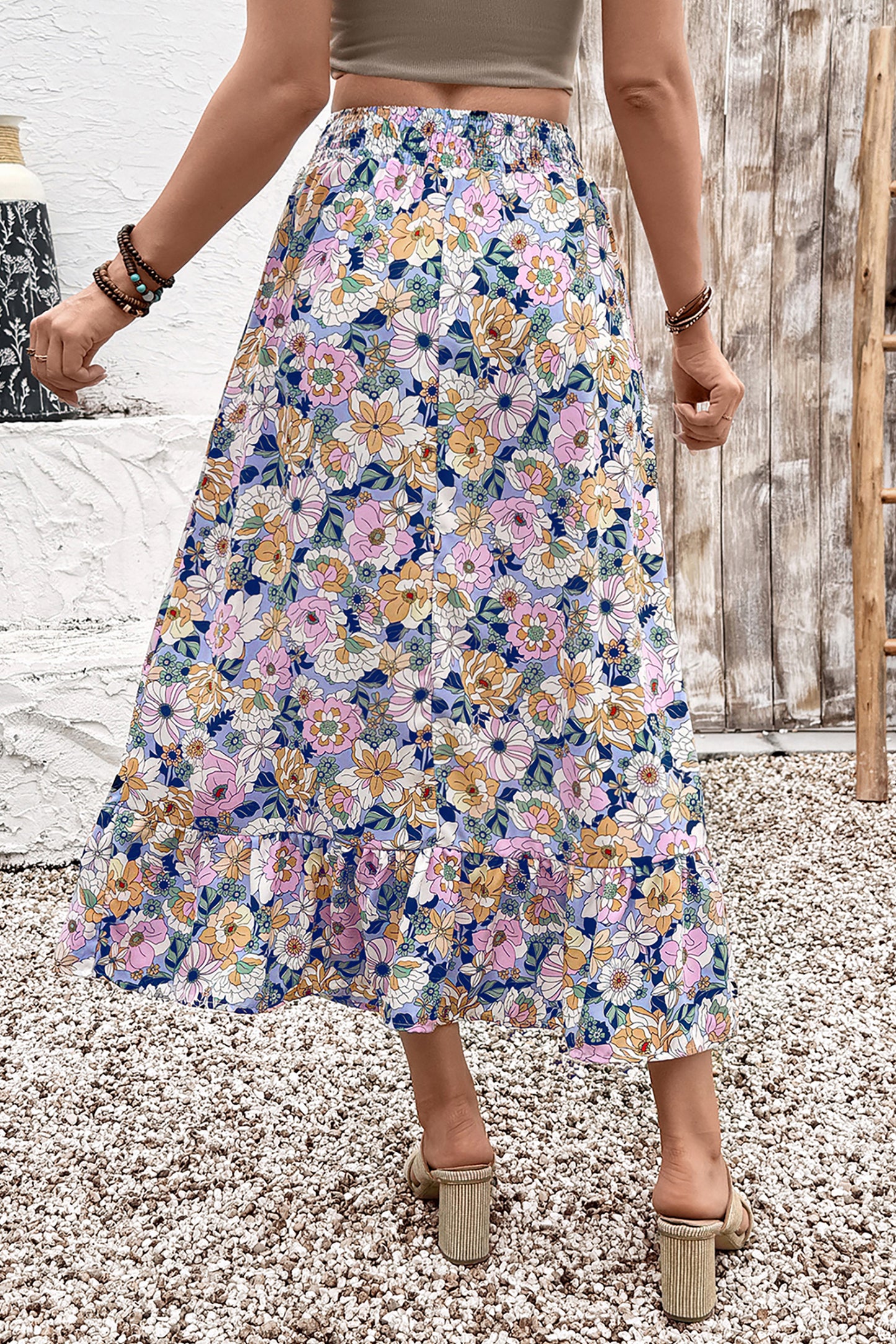 Pink Floral Print Lace-up High Waist Ruffle Hem Maxi Skirt