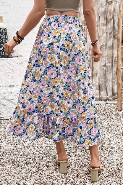 Pink Floral Print Lace-up High Waist Ruffle Hem Maxi Skirt