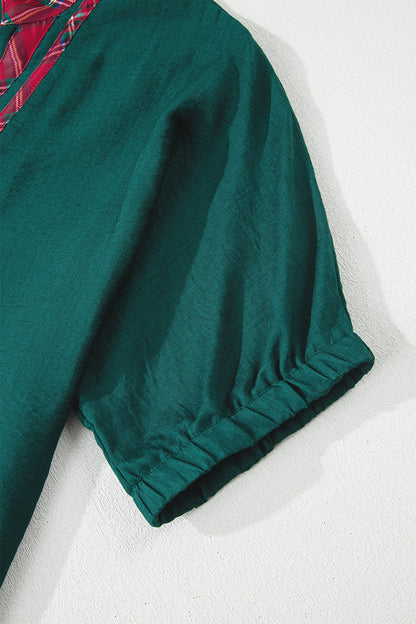 Evergreen Contrast Plaid Patchwork V Neck Half Sleeve Blouse