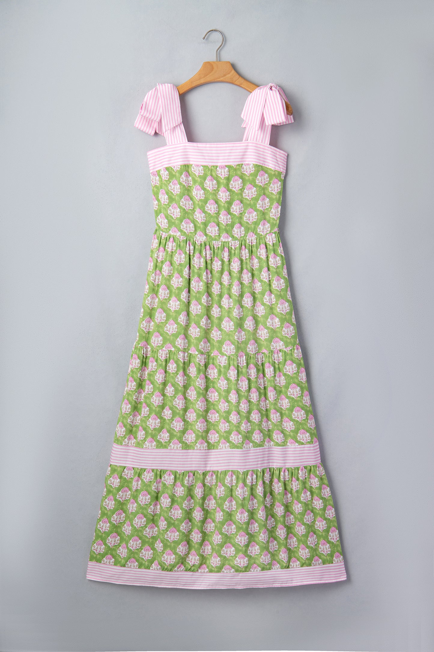 Floral Print Striped Detail Knot Straps Maxi Dress