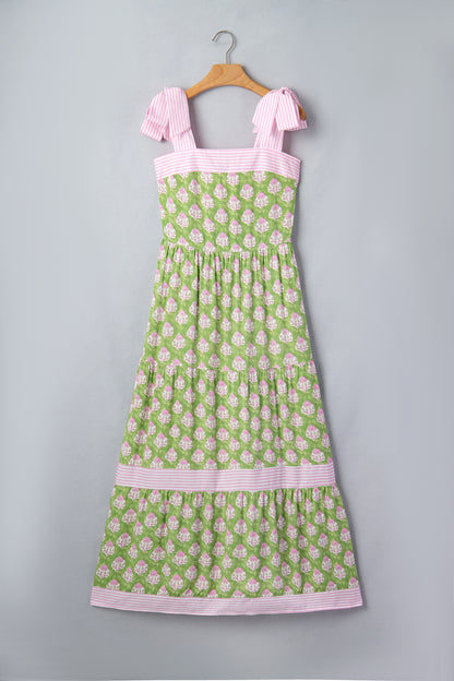 Floral Print Striped Detail Knot Straps Maxi Dress