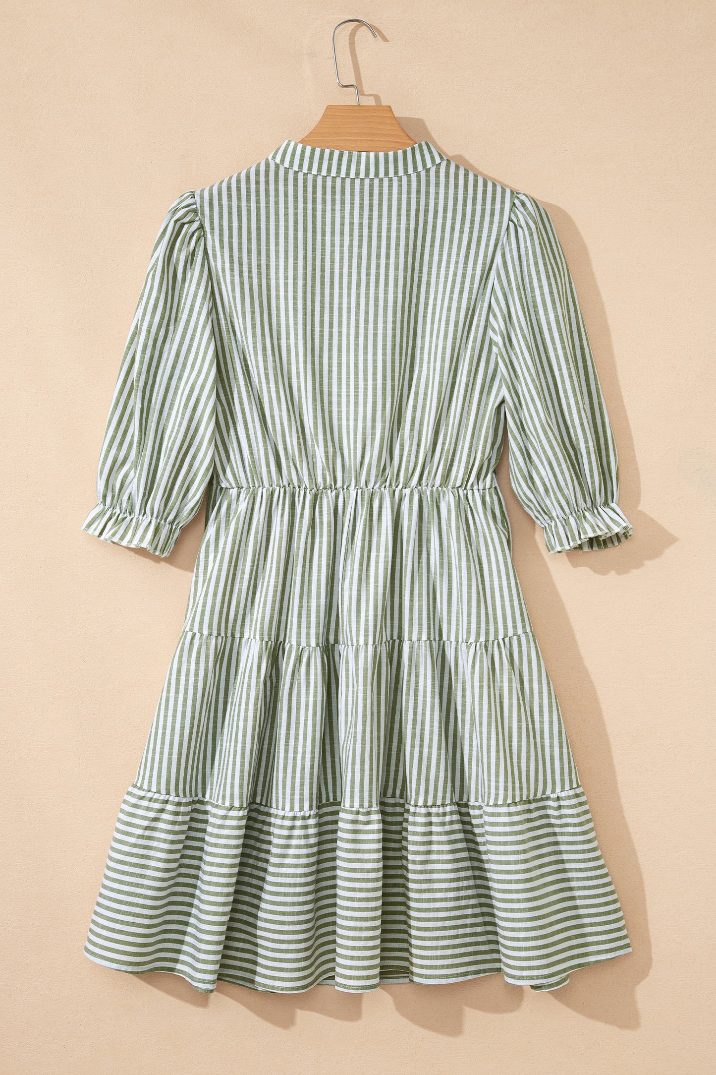Green Stripe Tasseled Tie Neck Ruffled Short Sleeve Tiered Flattering Dress