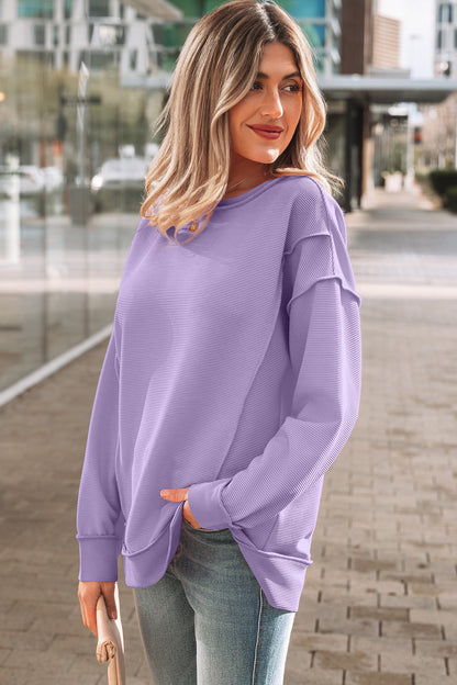 Pink Horizontal Ribbed Exposed Seam Detail Drop Shoulder Baggy Pullover
