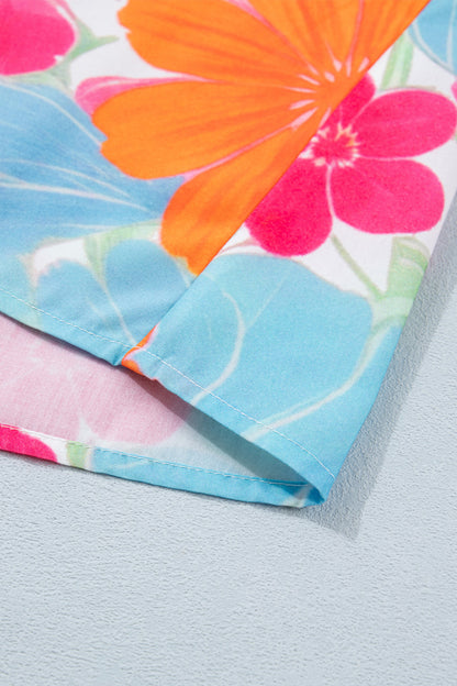 Multicolour Vibrant Flower Printed Tie V Neck Ruffle Trim Sleeveless Blouse