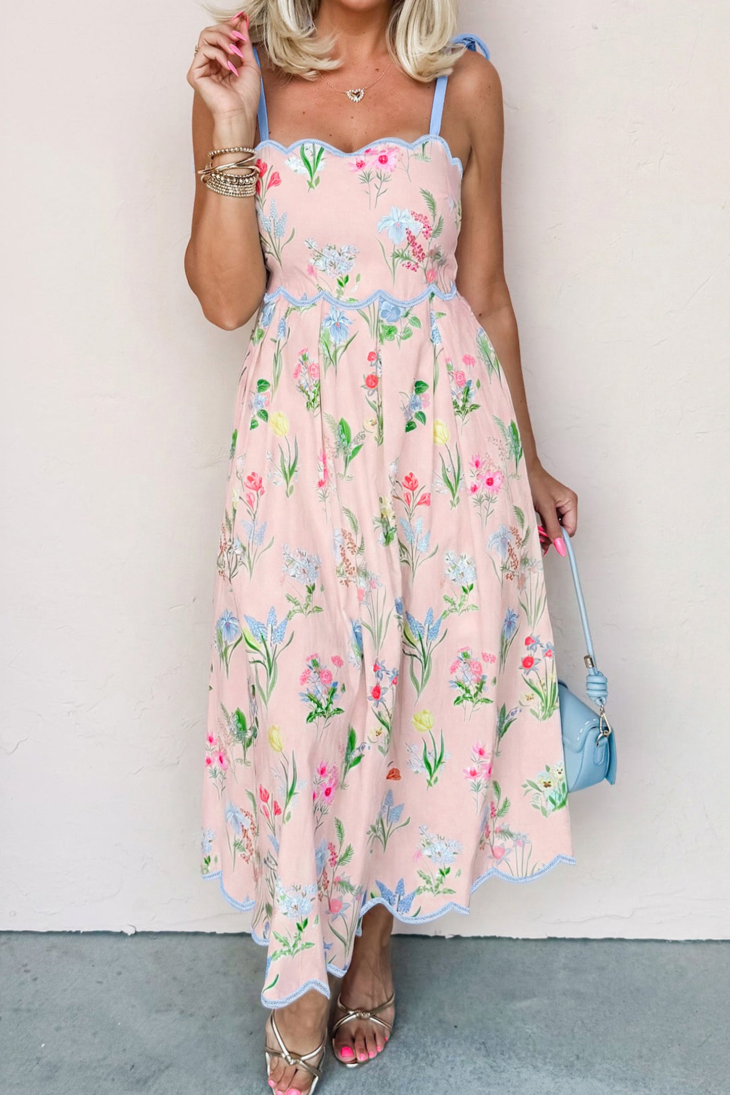 Floral Print Contrast Trim Self-tie Straps High Waist Midi Dress