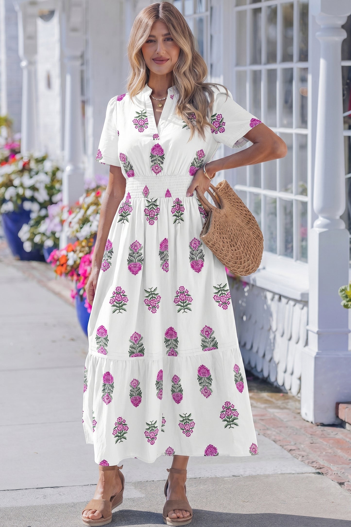 Floral Print Split Neck Shirred High Waist Ruffle Hem Maxi Dress