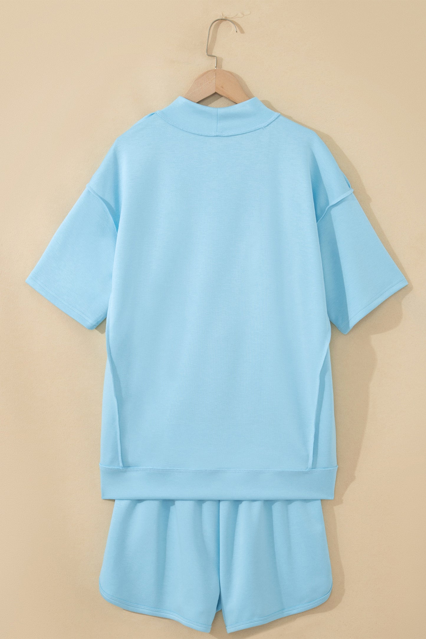Solid Color Exposed Seam Mock Neck Oversize Tee Casual Shorts 2pcs Outfit
