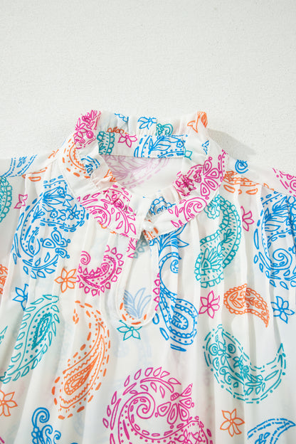 Multicolour Vibrant Paisley Printed Button Keyhole Puff Sleeve Blouse