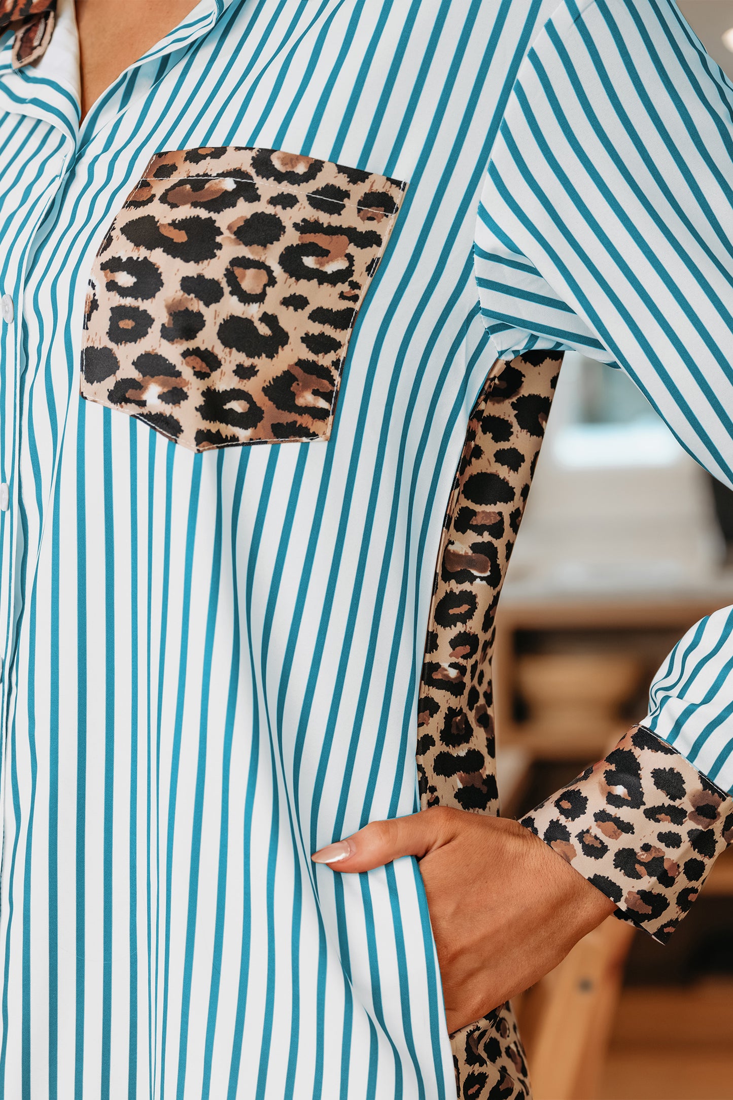 Brown Stripe Contrast Leopard Patchwork Long Shirt Dress with Slits