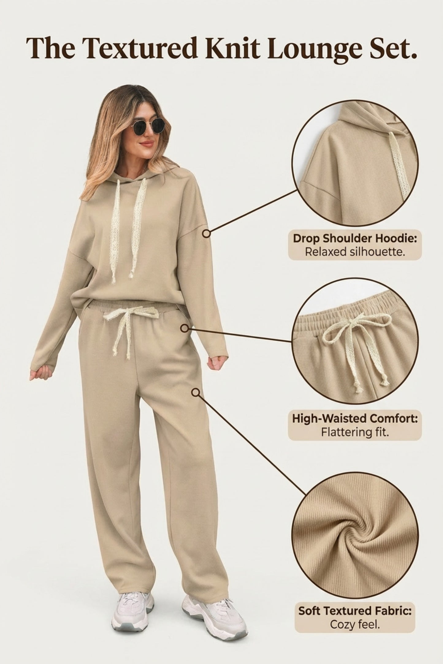 Lace Drawstring Pullover Hoodie and High Waist Pants Corduroy Suit