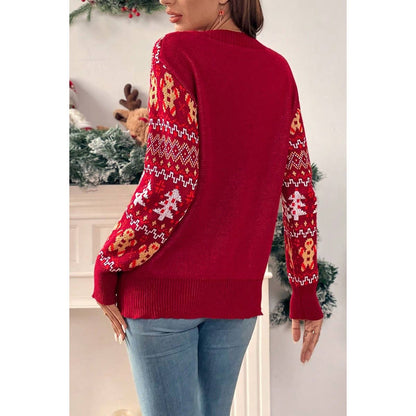 Knit Christmas Print Round Neck Loose Fit Sweater
