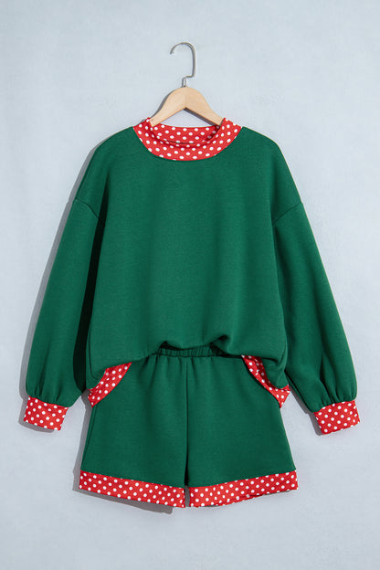Polka Dot Trim Baggy Pullover 2pcs Short Set