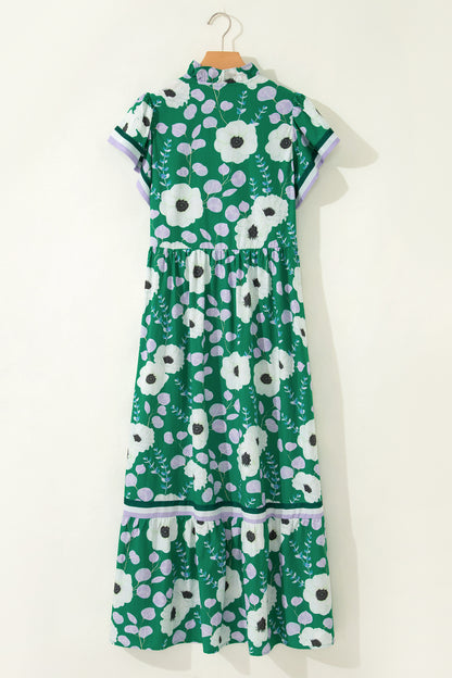 V Neck Ruffled Short Sleeve Flower Maxi Dress