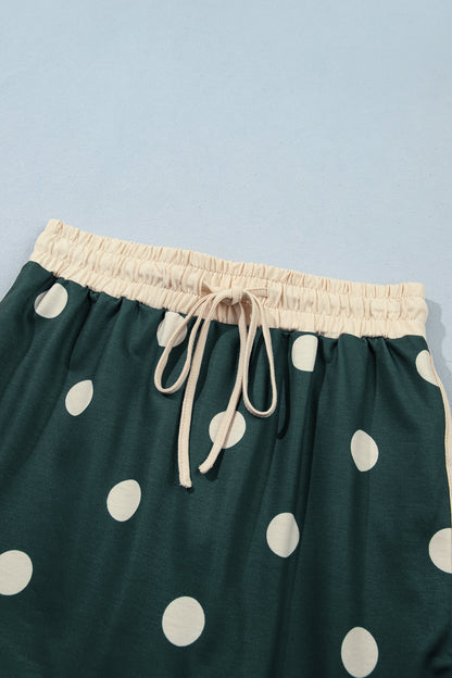 Green Polka Dot Print Color Block Trim Baggy Pullover Drawstring Skirt 2pcs Set