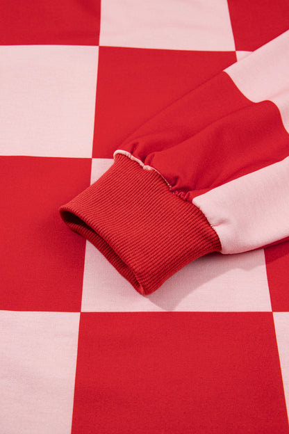 Checkerboard Plaid Long Sleeve Solid Color Shorts 2pcs Set