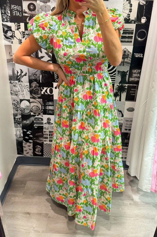 Green Floral Print V Neck Short Puff Sleeve Cotton Maxi Dress