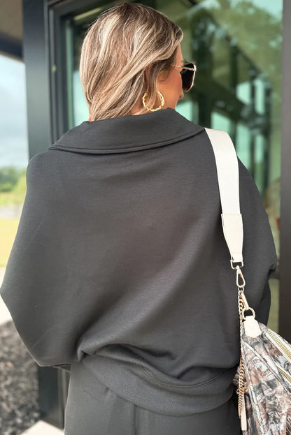 Bristol Black Collared V Neck Pullover Sweatshirt Sweatpants Set