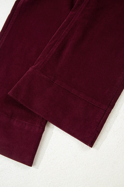 Burgundy Corduroy Solid Color High Waist Wide Leg Pants